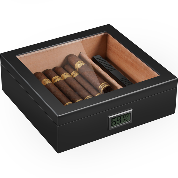 Taplet Cigar Humidor Box, Handmade Cedar Cigar Desktop Box with Accurate Digital Hygrometer, Removable Cedar Divider, Black Modern Aesthetic Finish and Glass Top for 60 Cigars