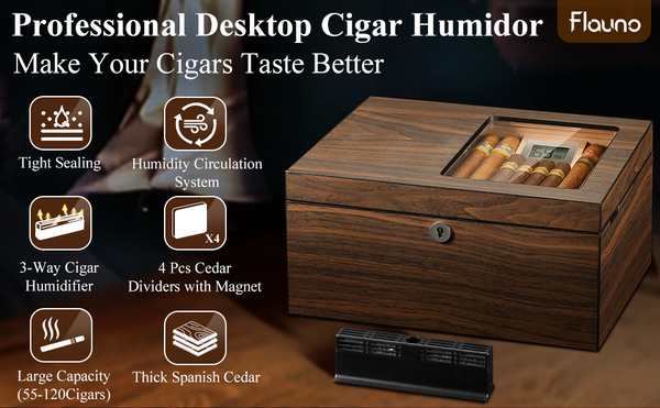 Taplet Cigar Humidor with Ventilation Grid – Holds up to 120 Cigars, Spanish Cedar Lining, Magnetic Dividers, Custom Gel Humidifier, Digital Hygrometer & Lock – Luxury Cigar Box for Aficionados